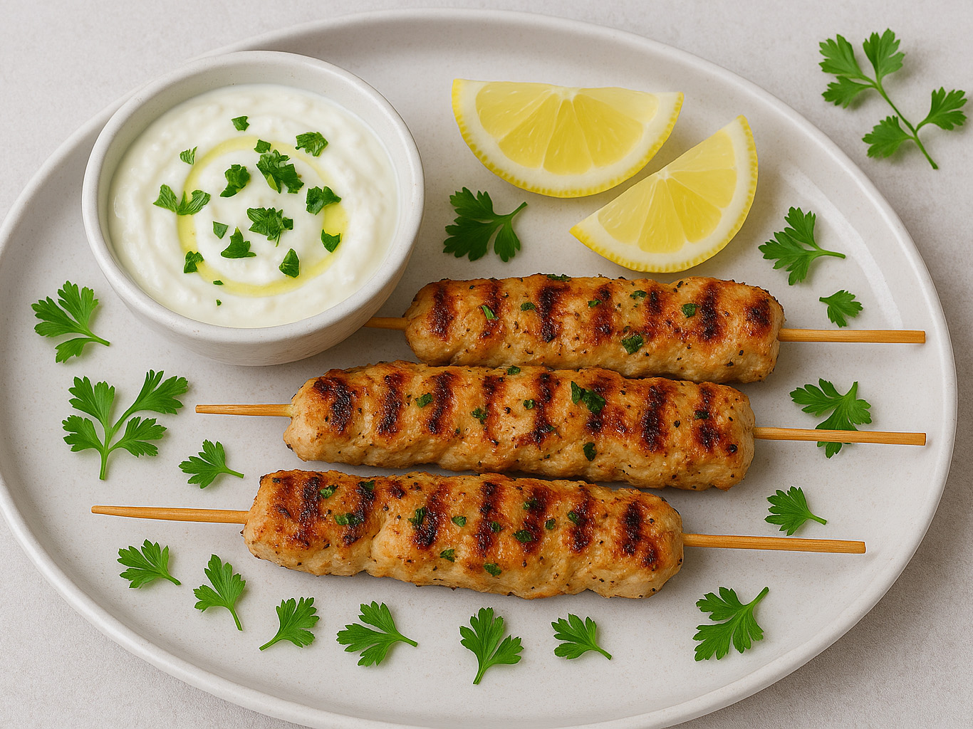 Mediterrane Hähnchen-Spieße mit Joghurt-Dip